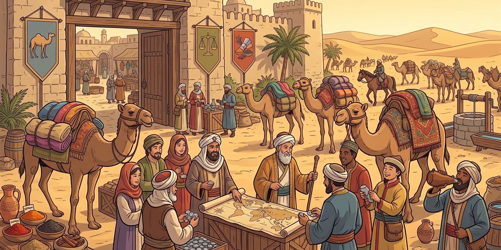 Merchants planning a Silk Road caravan outside the city gate
